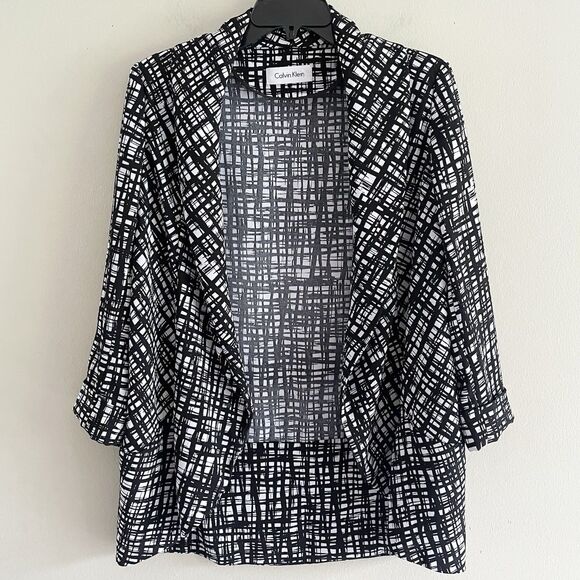 Calvin Klein Blazer Jacket Size 14 Women Open Front Black White Check 3/4 Sleeve - Picture 1 of 10